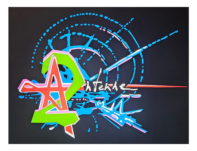 Logo d'Antenne 2, 1975, Plexiglas coloré, lumière LED, boitier métal, 50x65x14 cm _ Comité Georges Mathieu / Édouard Lombard © Comité Georges Mathieu_Adagp, Paris, 2025