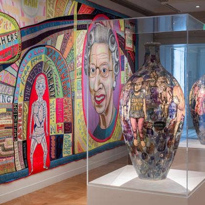 Grayson Perry, Comfort Blanket, 2014, Tapestry, Published by Paragon Collection the Artist. Courtesy Paragon | Contemporary Editions Ltd and Victoria Miro, London  Grayson Perry, Matching Pair, 2017, Glazed ceramic, Victoria and Albert Museum, London